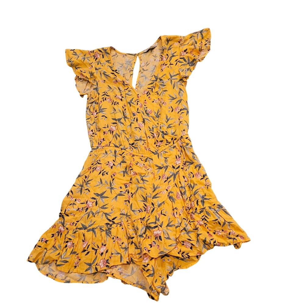 American Eagle Yellow Floral Romper Dress Overlay Women’s XS Boho Flutter Sleeve